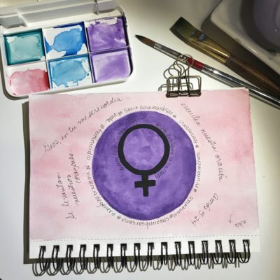 A watercolor painting of a purple circle with a female symbol in it with text around the circle.