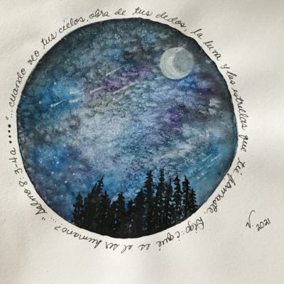 A painting of a circular view of the night sky with the moon visible.