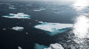 small ice burgs floating in the ocean