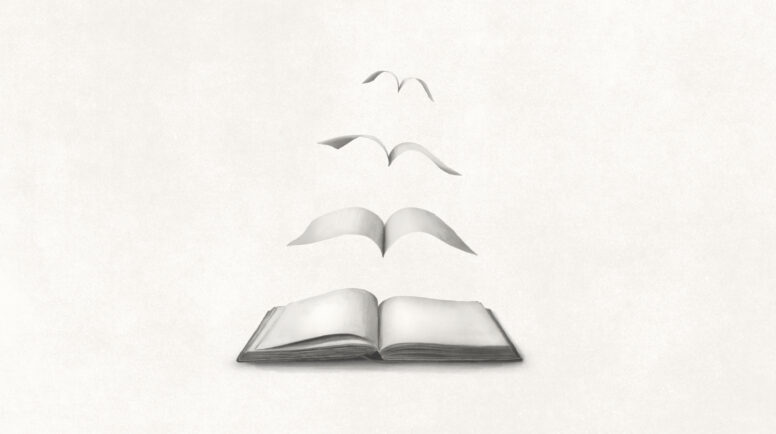 Illustration of pages flying out of a book, surreal philosophy concept