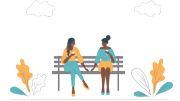 Young black women drink coffee on a bench in a park. They are chatting with each other. There are also plants and clouds in the picture. Flat style. Vector illustration