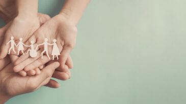 Hands holding diversity family, happy volunteer, disable nursing home, rehabilitation and health insurance concept