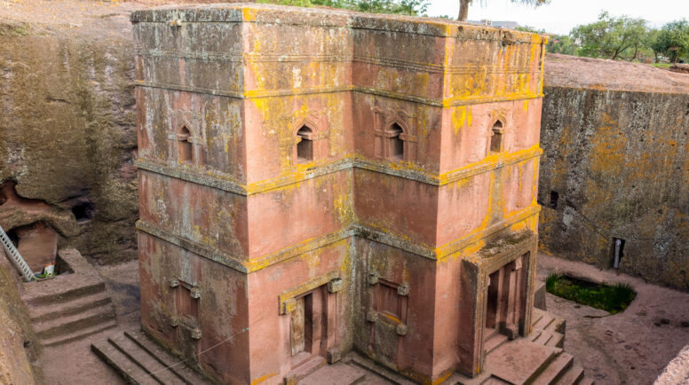 Bete Giyorgis, Church of Saint George with no people, taken during a sunny spring morning in Lalibela, Ethiopia