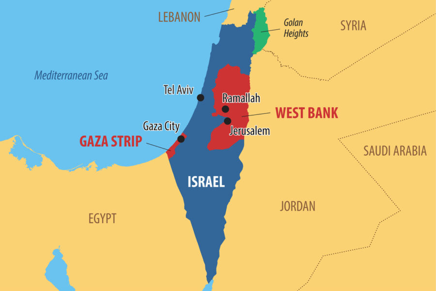 Vector map of Israel and Palestine, showing the areas of the West Bank and the Gaza strip