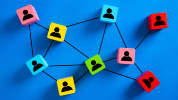 Wooden cube block print screen person icon which link connection network for organisation structure social network and teamwork concept.