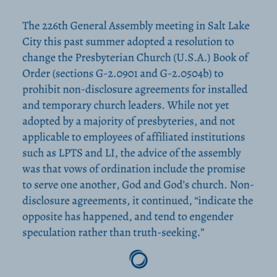 An image of text describing the prohibition of non-disclosure agreements for church leaders.