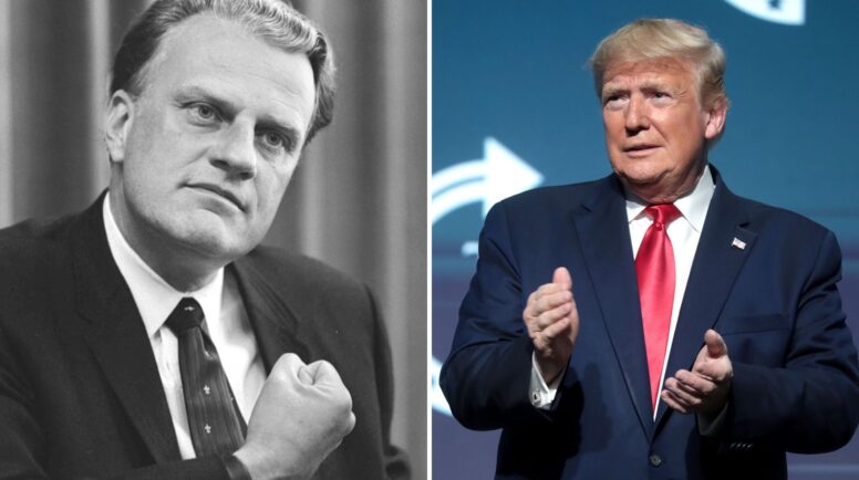 A photo divided in two including pictures of Billy Graham and former president Donald Trump