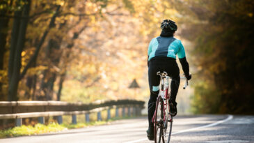Young sportsman riding his bicycle outside in sunny autumn nature, rear view