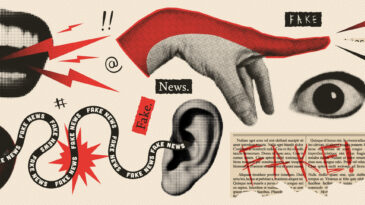 Fake news trendy vintage collage conception. Halftone lips, eyes, hands. Retro newspaper and torn paper. Elements for banners, poster, sosial media. Vector.