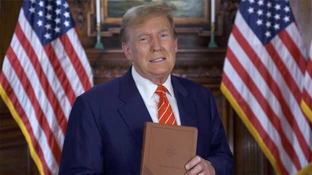A video screen grab of Trump with the Bible in question. Trump Bible gets new ‘Inauguration Day Edition’ just in time for Jan. 6.