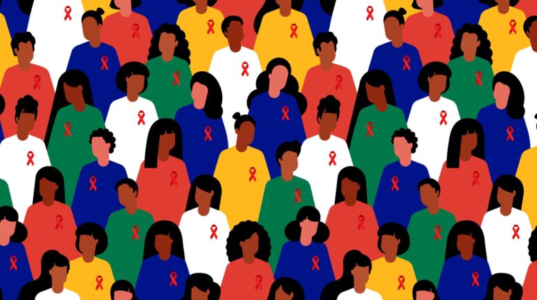 HIV is Not a Crime Awareness Day. A crowd of people with red ribbons demonstrating support for those with HIV/AIDS.