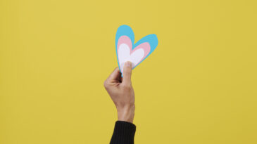 a person holds a heart with the colors of the transgender flag, blue, pink and white, in front of a yellow background with some blank space around