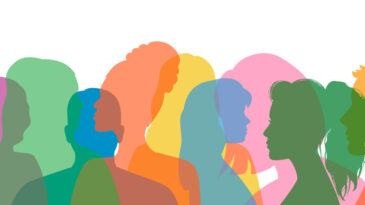 Man and woman group diversity profile silhouettes. Transparent multi-colored silhouettes of people. Community of colleagues or employees. Family relationships. Vector flat illustration