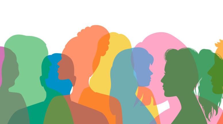 Man and woman group diversity profile silhouettes. Transparent multi-colored silhouettes of people. Community of colleagues or employees. Family relationships. Vector flat illustration