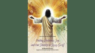 Jesus with his arms extended out, back facing, and light shining in front of him.