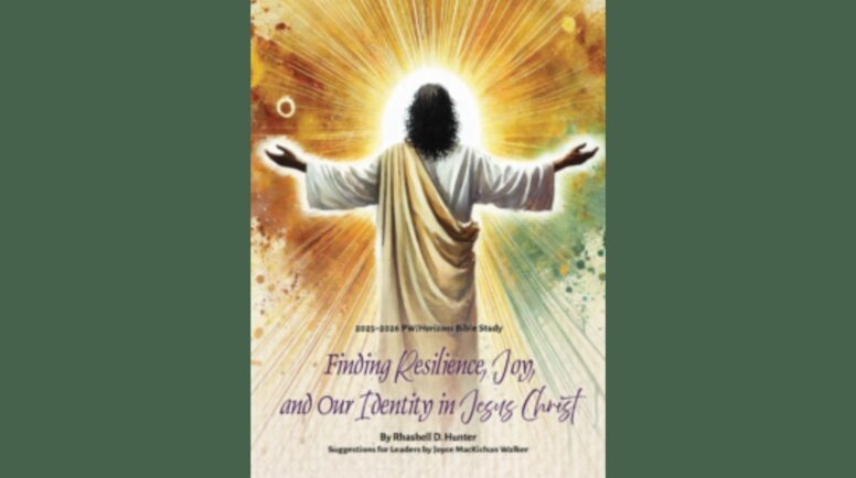 Jesus with his arms extended out, back facing, and light shining in front of him.