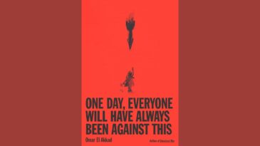 A drawing of a young girl holding flowers looking up at a missile falling toward her on a red background.