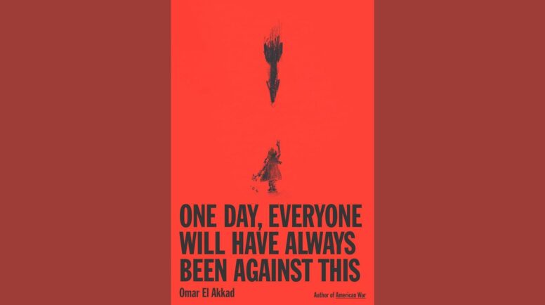 A drawing of a young girl holding flowers looking up at a missile falling toward her on a red background.