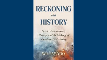 Book cover of Reckoning with History with a beige background and orange, blue, and grey watercolours.