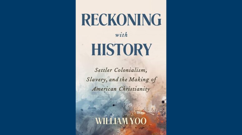 Book cover of Reckoning with History with a beige background and orange, blue, and grey watercolours.