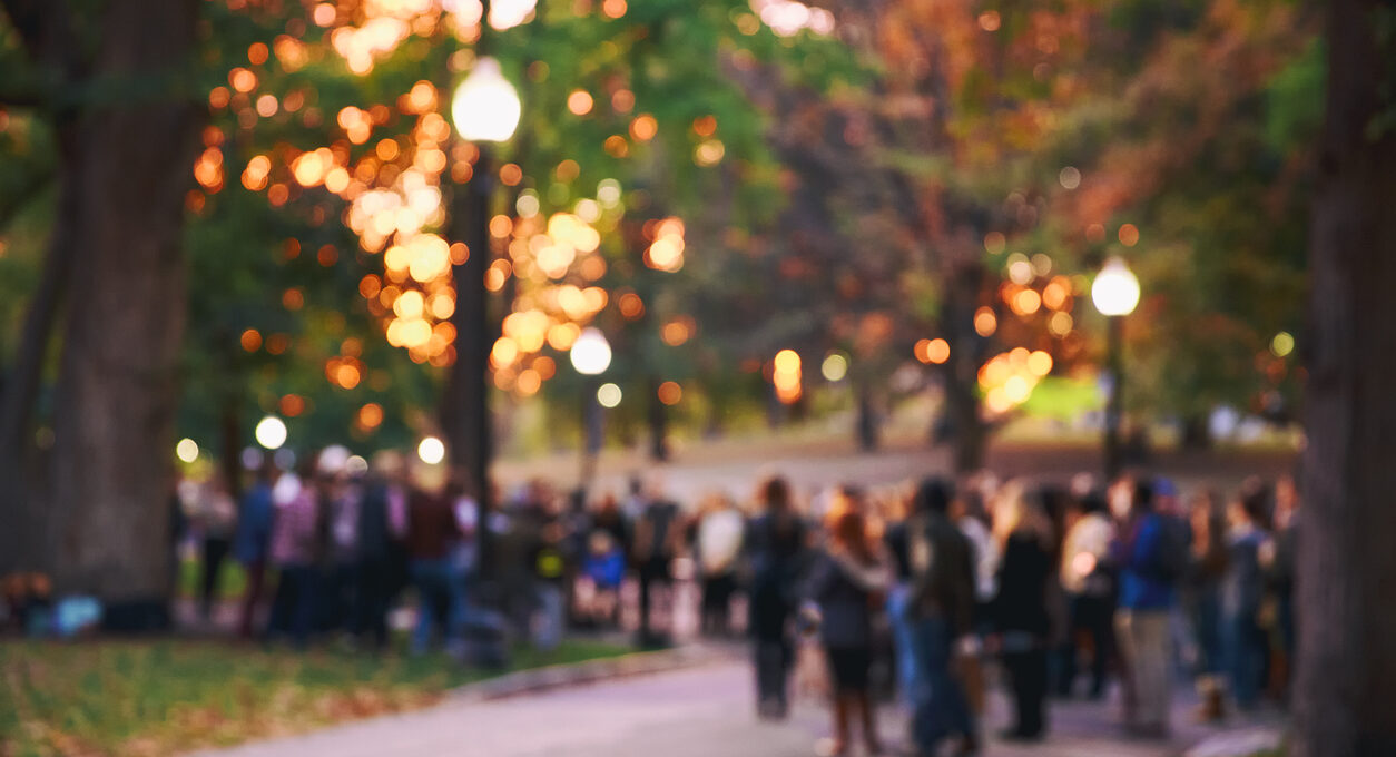 a lot of people in the evening in the autumn park. concert, meeting, protest action.