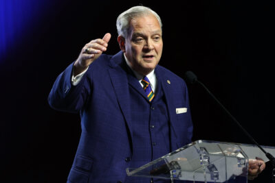 Willy Rice, senior pastor of Calvary Church in Clearwater, Fla., speaks from the floor during the Southern Baptist Convention annual meeting at the Kay Bailey Hutchison Convention Center in Dallas, June 11, 2025. (RNS Photo/Tim Heitman)