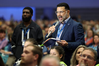 Pastor Juan Sanchez speaks from the floor of the Southern Baptist Convention 