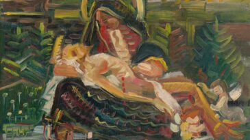 An interpretation of the Pietà with Mary holding Christ and small angels at her feet