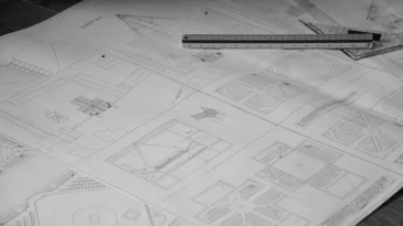 blueprint for a church building on paper with triangle ruler fictional without a client