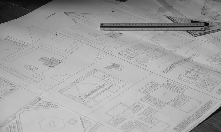 blueprint for a church building on paper with triangle ruler fictional without a client