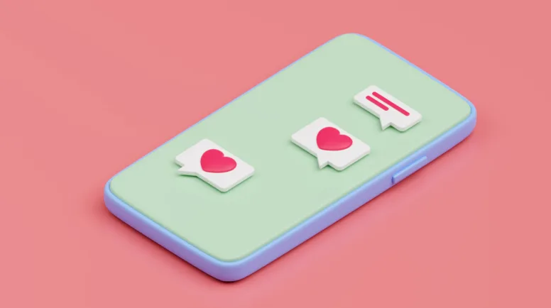A 3d phone without details showing hearts being sent back and forth in a message thread.