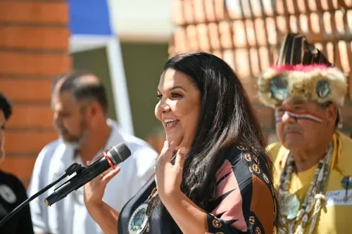 A woman with long, dark hair stands in front of a microphone.