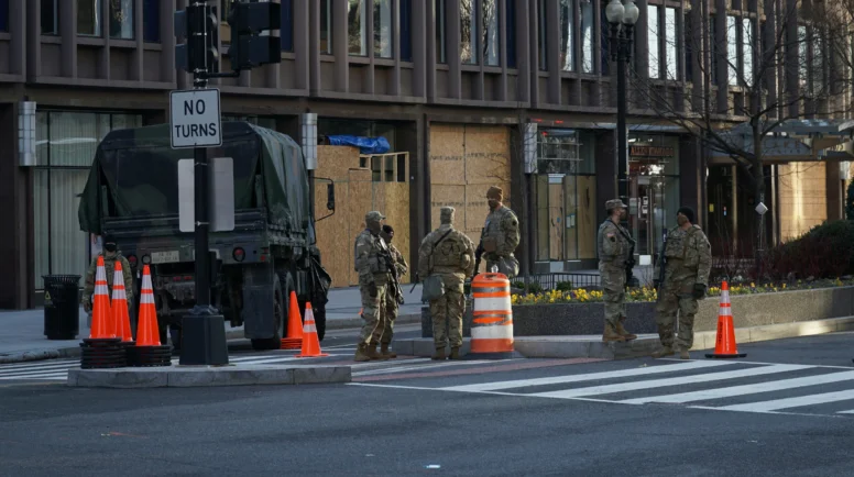 National guardsmen at a downtown intersection in Washington, DC.