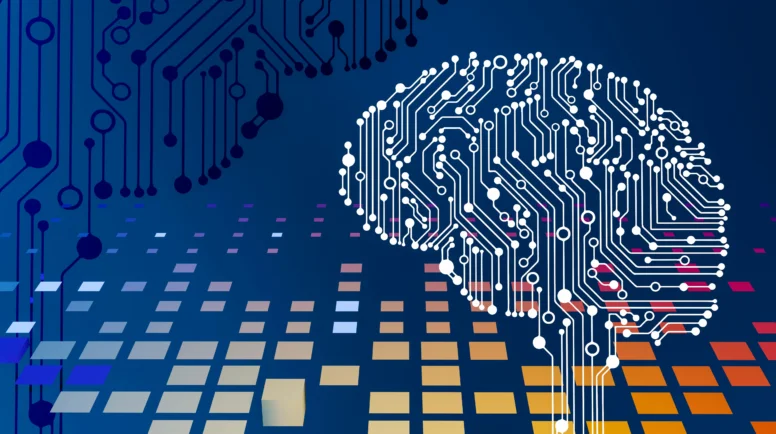 A graphic of a brain that looks like a computer circuit board