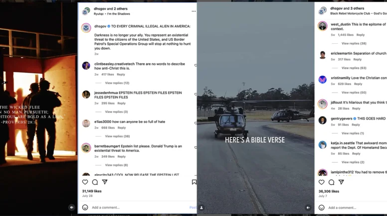 Screenshots of Two U.S. Department of Homeland Security social media posts from July 2025 with Bible references, and reactions.
