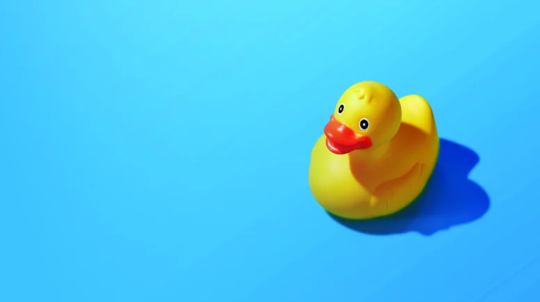 Isolated yellow rubber duck on a blue background. Copy space. High quality photo