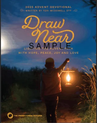 Child holding a lantern at twilight. Cover of the Presbyterian Outlook's 2025 Advent Devotional. 
