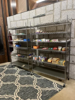 Shelves with food.