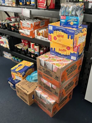 Piles of shelf stable food.