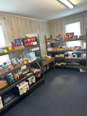 Shelves filled with food.