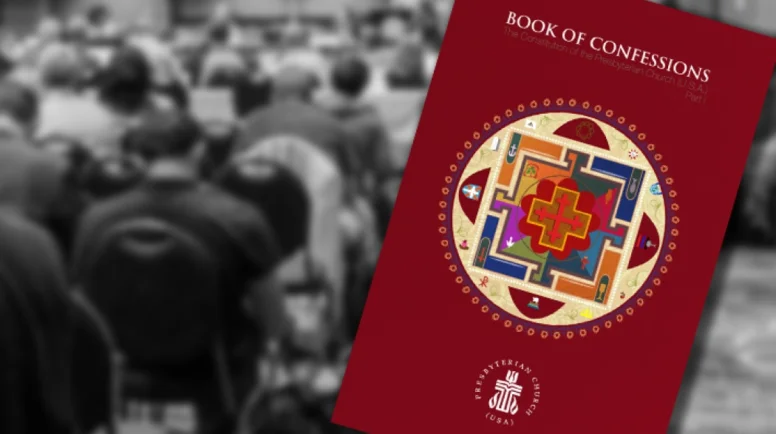 The book of confessions cover -- dark red with PCUSA logo.