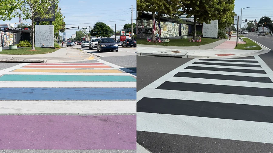 Two images of the same cross walk. On the left, the blank spaces between the white lines are each colored. The whole effect is of the rainbow. The image on the right is a standard black and white cross walk.