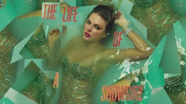 Taylor Swift lying in a bathtub in a bedazzled dress with her face half-submerged in water. Fragments of images of parts of her body are scattered near the borders.