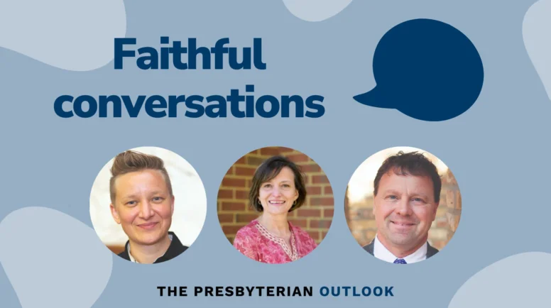 Faithful conversation logo with images of David Jensen, Martha Moore-Keish and Hanna Reichel