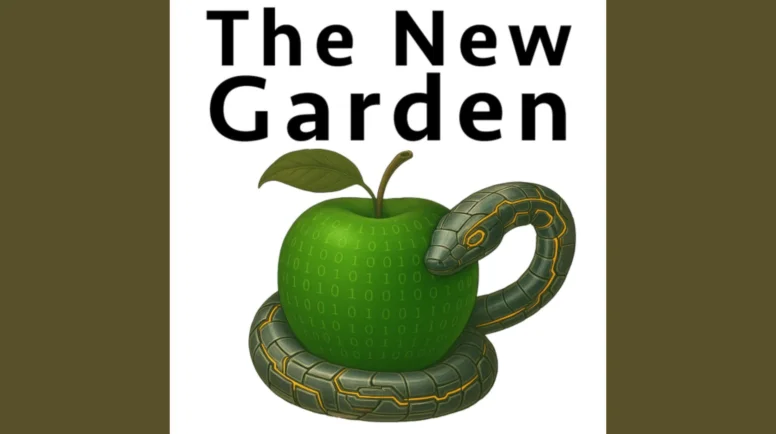the new garden podcast logo -- a snake wrapped around an apple with binary code