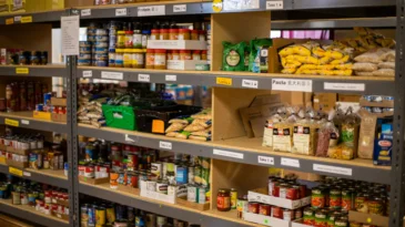 Cans and jars of food in food pantry