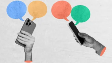 Horizontal creative photo collage of two hand hold mobile phone with message notification online internet connection on paper background.