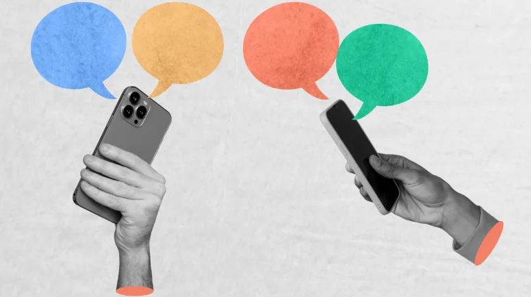 Horizontal creative photo collage of two hand hold mobile phone with message notification online internet connection on paper background.