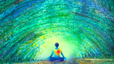 chakra color human lotus pose yoga in green tree forest tunnel, abstract world, universe inside your mind mental, watercolor painting illustration design hand drawn