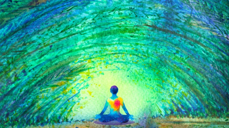 chakra color human lotus pose yoga in green tree forest tunnel, abstract world, universe inside your mind mental, watercolor painting illustration design hand drawn